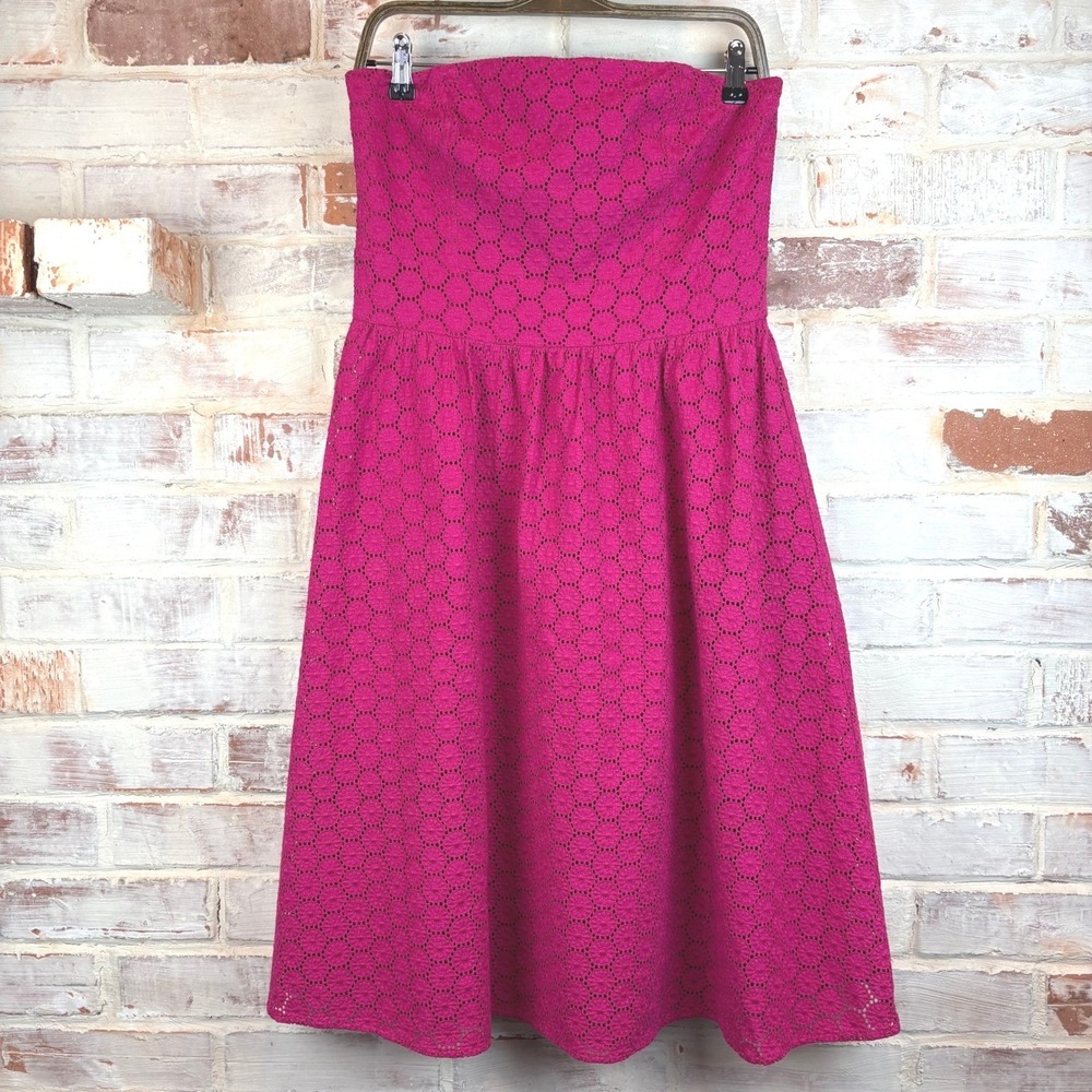 Laura Ashley Fuchsia Cotton Eyelet Strapless Midi Dress US 8 2007 Coquette Lined
